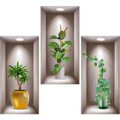 Linghhang - Lot de 3 autocollants muraux 3D en vinyle 3D pour salon, vases, plantes vertes - Pour chambre à coucher, bureau, cuisine - 40 x 20 cm