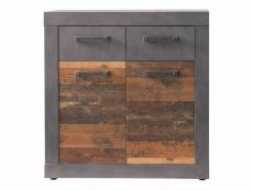 Meuble chambre. Commode avec 2 tiroirs en mélaminé coloris gris ciment portes bois effet vieilli . L - h - p : 82 - 86 - 37cm.