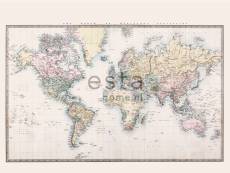 Papier peint panoramique carte du monde vintage beige, jaune pastel, rose poudre clair et vert - 158210 - 372 cm x 2,79 m 158210