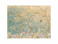 Poster intissé thème vintage garden oiseaux et fleurs roses - 360 x 270 cm