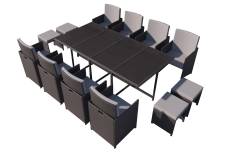 Table et chaises 12 places en résine tressée noir et gris