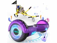 Mega motion hoverboard violet + kart hip pour enfants, hoverboard à deux roues de 6,5 pouces avec haut-parleur bluetooth, gokart gyropode avec lumière