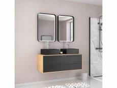 Meuble de salle de bains 120 cm_2 vasques carrées_2 miroirs led - chêne naturel et noir mat - uby