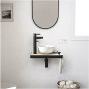 Mob-in - Meuble lave-mains soho plan fin p-serviette côté vasque blanche + miroir - Décor chêne