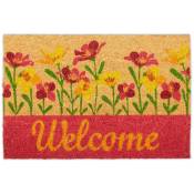 Relaxdays - Paillasson coco, inscription welcome & motif fleurs, tapis intérieur & extérieur, 40x60 cm, nature/rouge