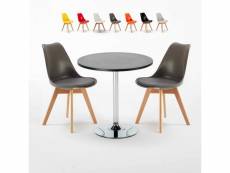 Table ronde noire 70x70cm 2 chaises colorées intérieur
