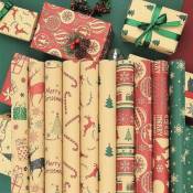 10 Feuilles Papier D'emballage De Noël, 70cm x 50cm Papiers Cadeaux Kraft Recyclés Feuilles De Papier à Motif De Canne De Noël Flocon Neige Wapiti
