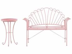 Ensemble de jardin banc et petite table en métal rose