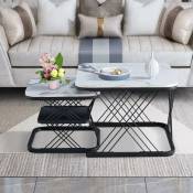 Lot de 2 Table basse gigogne carrée, motif marbre, plateau brillant, structure métal, table de salon contemporaine - Noir - Noir