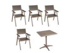 Set de 4 chaises de jardin + table de jardin hwc-j95, chaise table, revêtement gastro outdoor, alu aspect bois ~ champagne, gris