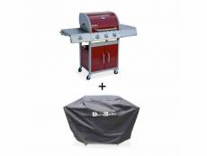 Barbecue gaz inox 14kw – richelieu rouge – barbecue 3 brûleurs + 1 feu latéral. Côté grill et côté plancha. Housse de protection incluse