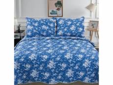 "couvre-lit fleurs blanches sur fond bleu 220x240cm + 2 taies d'oreillers 65x65 - c-1-52"