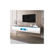 Meuble tv moderne, meuble tv brillant avec éclairage led blanc et couleur bois, 180 x 35 x 30 cm