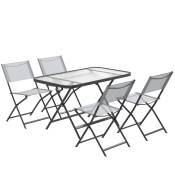 Outsunny Ensemble de jardin 4 chaise + 1 table salon de jardin 5 pièces pilables chaises textilènes plateau en verre trempé gris