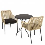 Salon de jardin 2 pers - table ronde D70 et 2 fauteuils beiges/noirs