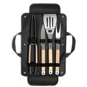 Set de 4 accessoires pour barbecue - Fourchette, pince, spatule, couteau + Pochette - Acier inox, finition bois GS75