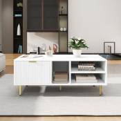 Sureh - Table basse blanche avec un tiroir et 3 compartiments, table basse élégante de luxe avec bordure dorée, table basse rectangulaire en bois