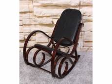 Fauteuil à bascule rocking chair en bois foncé assise en cuir noir fab04010