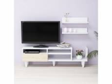 Homemania lena meuble tv avec étagères, portes, tablettes - du salon -blanc, chêne en bois, 148,2 x 29,5 x 45 cm