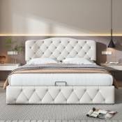 Lit double rembourré, lit avec fonction hydraulique, tête de lit réglable en hauteur, cuir synthétique, 140 x 200cm, blanc