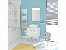 Meuble salle de bain scandinave blanc 60 cm sur pieds avec portes, vasque a poser et miroir led