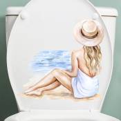 Autocollant de toilette étanche pour siège de toilette, fille de plage peinte, vue arrière, salle de bains, toilettes