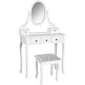 Coiffeuse et tabouret style baroque 5 tiroirs miroir ovale pivotant 360° mdf bois blanc - Blanc