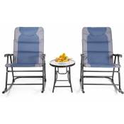 Ensemble de Jardin 3 pcs Table Basse en Verre avec 2 Chaises Extérieures à Bascule Pliables Coussins Rembourrés Bleu - Costway
