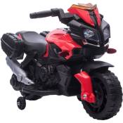 Moto électrique enfant 6 v 3 Km/h effet lumineux et sonore roulettes amovibles repose-pied valises latérales métal pp rouge noir - Rouge
