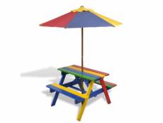 Table et bancs de pique-nique avec parasol pour enfants bois