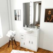 Aurlane - Meuble salle de bain blanc 80 cm sur pied + vasque ceramique blanche + miroir led