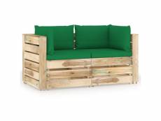 Canapé de jardin 2 places avec coussins bois imprégné de vert
