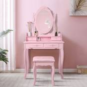 Coiffeuse Table de Maquillage Rose avec Tabouret , Miroir et 4 Tiroirs , 75x140x40 cm, Table de Toilette en Bois mdf, Table de Cosmétique Style