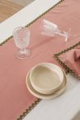 Ensemble de table nappe et serviettes 8 pièces lin 100% rose et vert