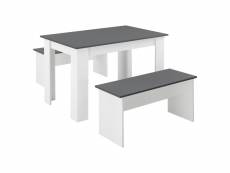 Lot de table et 2 bancs design ensemble de meubles de salle à manger stylé pour 4 personnes panneau de particules mélaminé 110 x 70 x 73 cm blanc gris