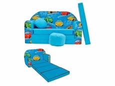 Nino canapé convertible lit pour enfant avec pouf et coussin oeko-tex voitures bleu