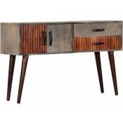 Table de console en bois grise et brune avec 2 tiroirs et 2 portes de style vintage
