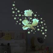 Ambiance-sticker - Sticker phosphorescent lumineux - renard dans les étoiles + 60 étoiles - Autocollant mural plafond enfant fluorescent - 30x30cm