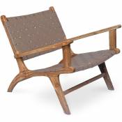 Chaise style Boho Bali en bois et cuir avec accoudoirs - Recia Marron - Teck, Cuir - Marron