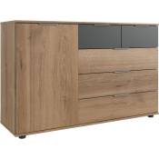 Commode, meuble de rangement coloris imitation chêne poutre, rechampis graphite - Longueur 130 x Hauteur 83 x Profondeur 41 cm