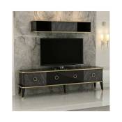Ensemble meuble tv marbre Noir - doré brillant 180