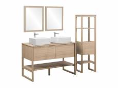 Meuble de salle de bain chêne 120 cm + colonne de rangement chêne cm atoll + 2 miroirs + 2 vasques