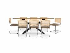Pack table à manger design en bois (220cm) & 8 chaises de salle à manger en rotin - tapisserie en velours - martha beige