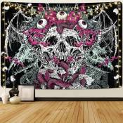 Tapisserie de crâne trippy, yeux de squelette, tapisserie de serpent gothique, tapisserie de fleurs psychédéliques, grande tapisserie de démon
