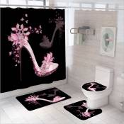 Universal 4PCS Set de rideaux de salle de bains rose talon haut Set de tapis de douche Noir non coulissant Sièges Tapis WC |(Le no