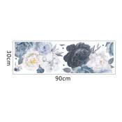 Fleurs Stickers Muraux Aquarelle Noir Blanc Bleu Pivoine Nature Plante Vinyle