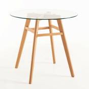 Les Tendances - Table ronde 80cm scandinave verre trempé et pieds bois naturel Bristol