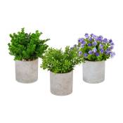 Lot de 3 plantes artificielles, diverses fausses fleurs décoratives en pot, set réaliste, vert - violet - gris - Relaxdays