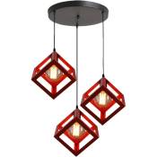 Lustre Suspension LED 3 Lampe Cube Carré en Métal Luminaire Design Industrielle Eclairage Plafond Lumiaire Salon Cuisine Couloir Rouge