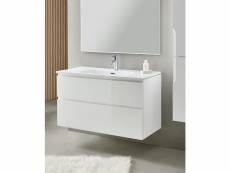 Meuble de salle de bain avec 2 tiroirs suspendus blanc avec plan moulé + miroir - longueur 100 x hauteur 56 x profondeur 46 cm